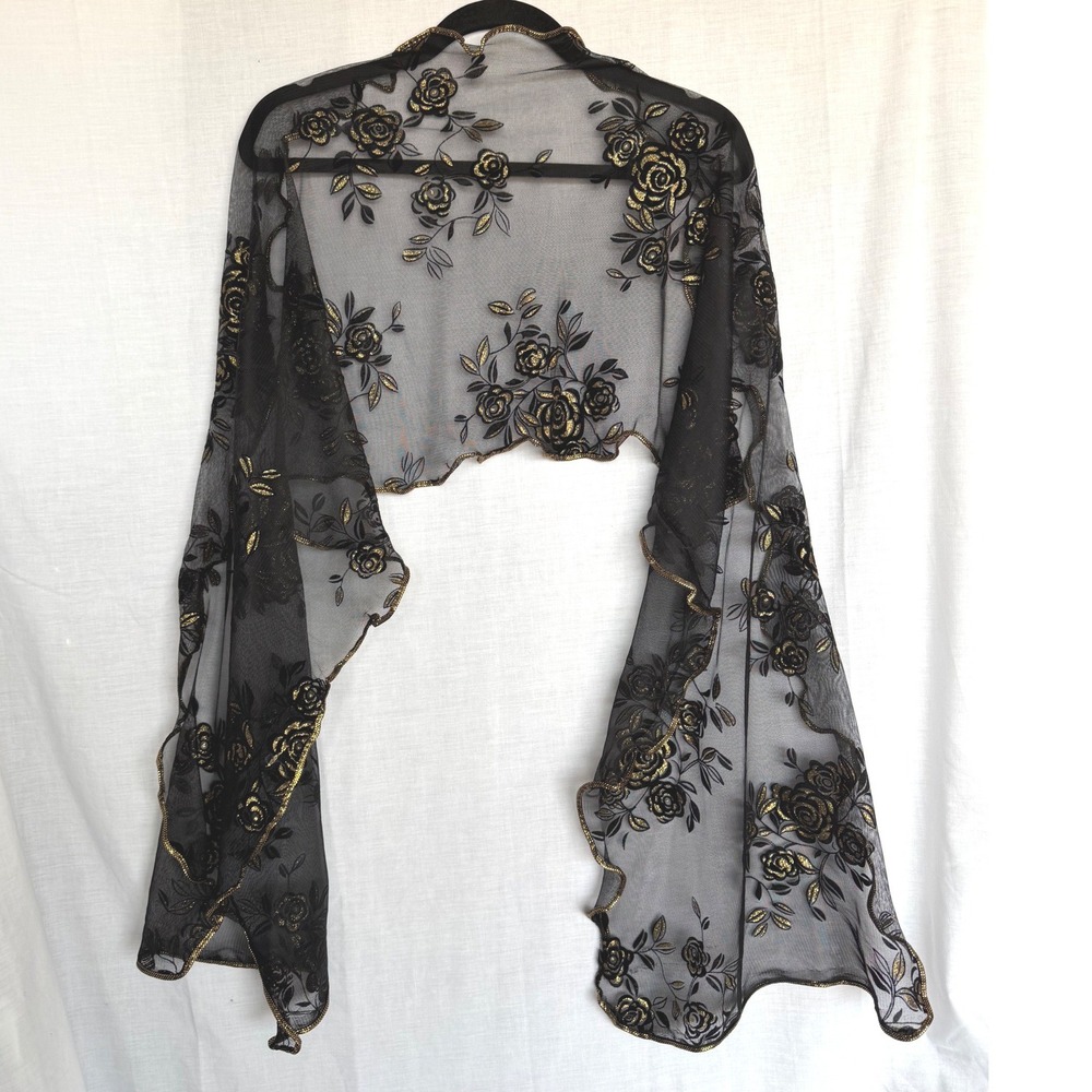 Whimsigoth Cocktail Holiday Sheer Floral Shawl Scarf Black Gold Elegant Rose